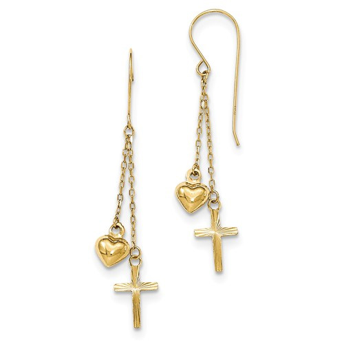 Puffed Heart and Cross Dangle Earrings, 14K Gold