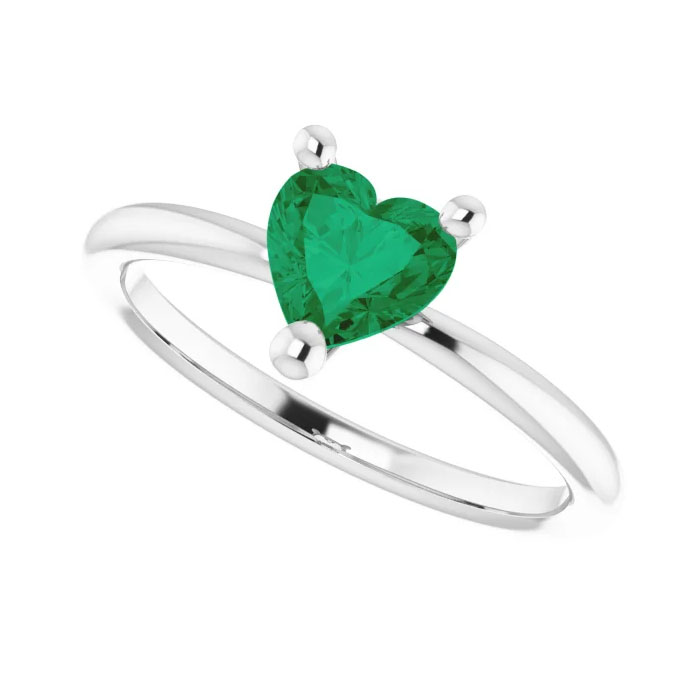 Heart-Shaped Lab-Made Emerald Gemstone Ring 14K White Gold