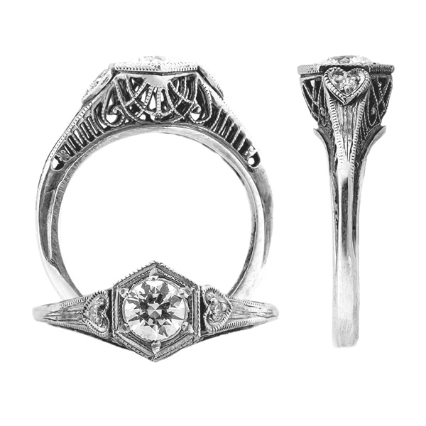 1/2 Carat Diamond Vintage Heart Engagement Ring, 14K White Gold