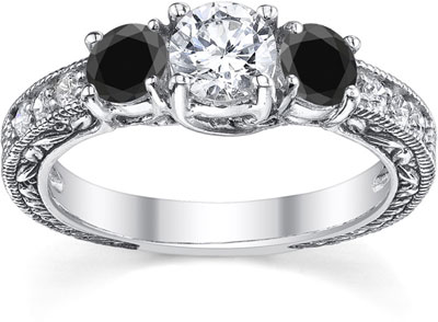 1 Carat White and Black Round-Cut Diamond Antique-Style Engagement Ring, 14K White Gold