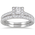 1 Carat Princess-Cut Diamond Halo Bridal Engagement Ring Set in 14K White Gold