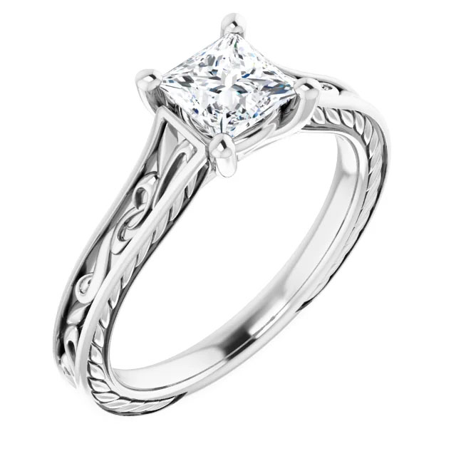 3/4 carat princess-cut paisley scroll-work diamond engagement ring