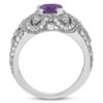 Vintage Style Amethyst and Diamond Ring, 14K White Gold 3