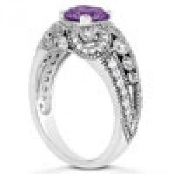 Vintage Style Amethyst and Diamond Ring, 14K White Gold 2