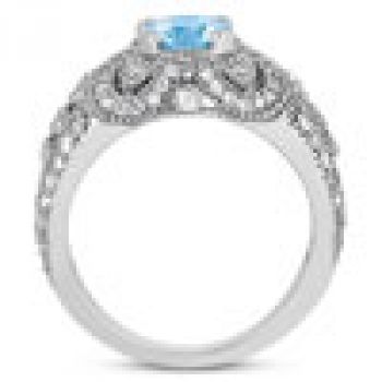 Vintage Style Blue Topaz and Diamond Ring, 14K White Gold 3