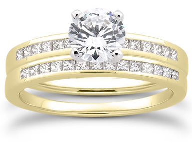 1 Carat Round and Princess Cut Diamond Bridal Set, 14K Yellow Gold