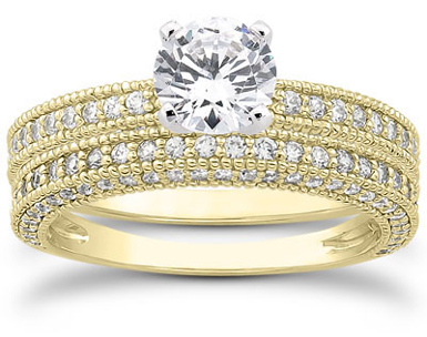 1.42 Carat Antique Style Diamond Bridal Set, 14K Yellow Gold