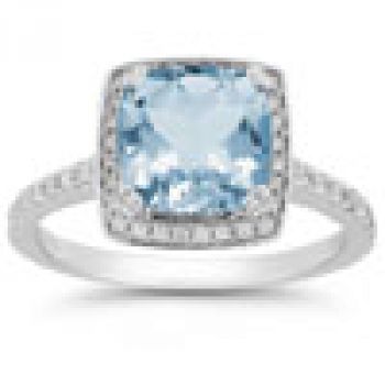 Aquamarine and Pave Diamond Halo Ring in 14K White Gold 2