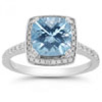 Blue Topaz and Pave Diamond Halo Ring in 14K White Gold 2