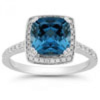 London Blue Topaz and Pave Diamond Halo Ring in 14K White Gold 2