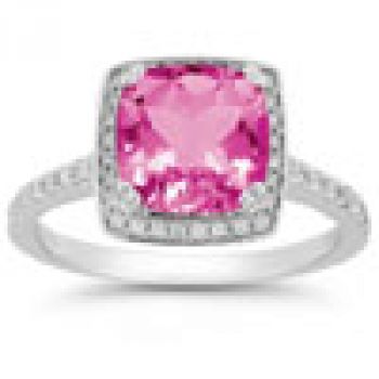 Pink Topaz and Pave Diamond Halo Ring in 14K White Gold 2