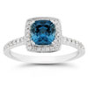 Cushion-cut London Blue Topaz Halo Ring,14K White Gold