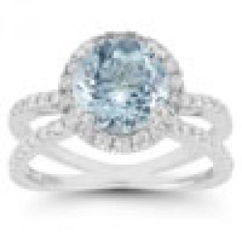 Pave Diamond Criss-Cross Aquamarine and Diamond Halo Ring 2