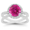 Pave Diamond Criss-Cross Pink Topaz and Diamond Halo Ring