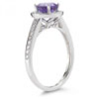 Modern Halo Amethyst Diamond Ring in 14K White Gold 3