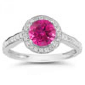 Modern Halo Pink Topaz Diamond Ring in 14K White Gold 2