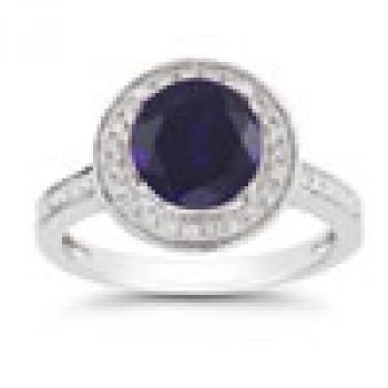 Modern Halo Sapphire Diamond Ring in 14K White Gold 2