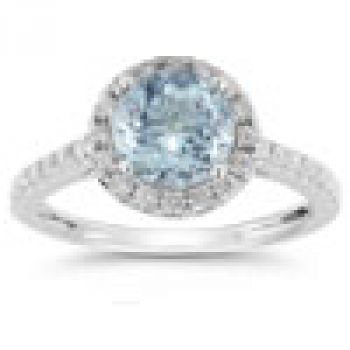 Aquamarine and Diamond Halo Gemstone Ring in 14K White Gold 2