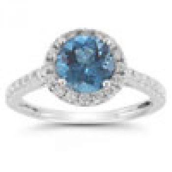 Blue  and White Diamond Halo Ring in 14K White Gold 2