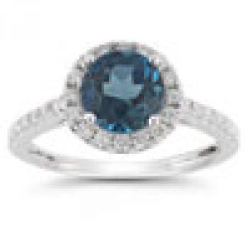 London Blue Topaz and Diamond Halo Gemstone Ring in 14K White Gold 2