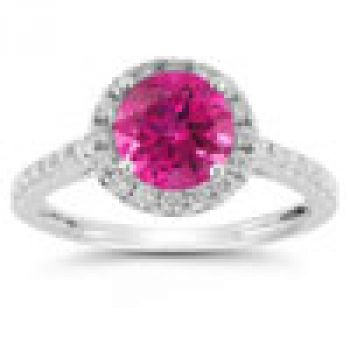 Pink Topaz and Diamond Halo Gemstone Ring in 14K White Gold 2