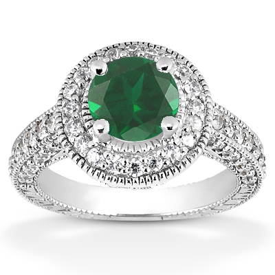 Antique Halo Emerald and Diamond Ring