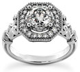 Antique-Style 1.19 Carat Diamond Halo Engagement Ring, 14K White Gold