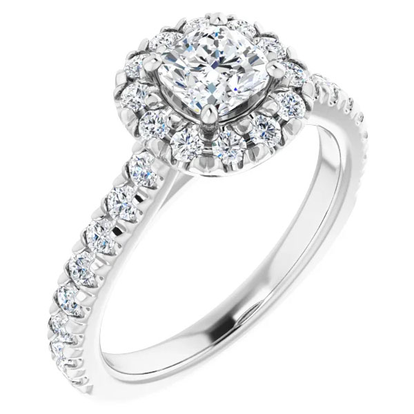 conflict free GIA 1.38 carat cushion-cut diamond halo engagement ring