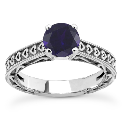 Engraved Hearts Sapphire Engagement Ring