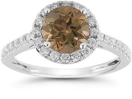 Smokey Quartz and Diamond Halo Gemstone Ring in 14K White Gold