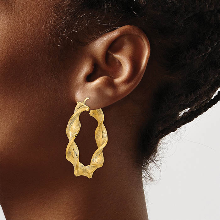 Large 1 11/16 Greek Key Satin Twisted Hoop Earrings 14K Gold - Apples of Gold Jewelry
