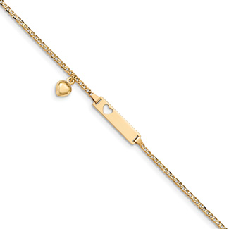 14K Gold Baby ID Bracelet with Dangling Heart Charm, 6