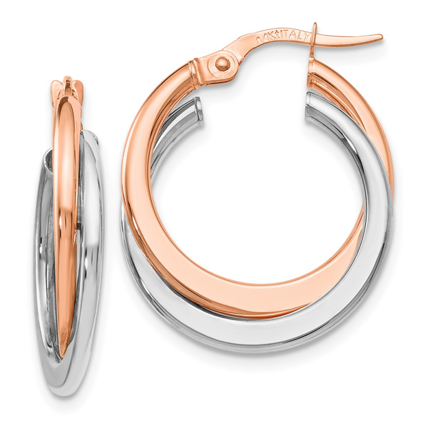 14K Rose and White Gold Double Hinged Hoop Earrings