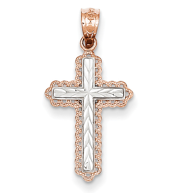 14K Rose Gold and Rhodium Women's Cross Necklace