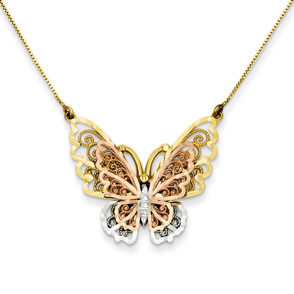 14K Tri-Color Gold Filigree Butterfly Necklace