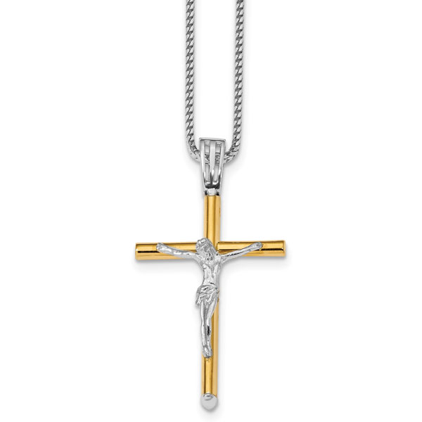 14k Two-Tone Gold Men's Italian Crucifix Necklace with Franco Chain