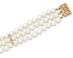 5-6mm 3-Strand Cultured Pearl Bracelet in 14K Yellow Gold