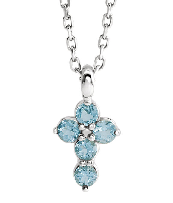 5-Stone Aquamarine Cross Necklace, 14K White Gold