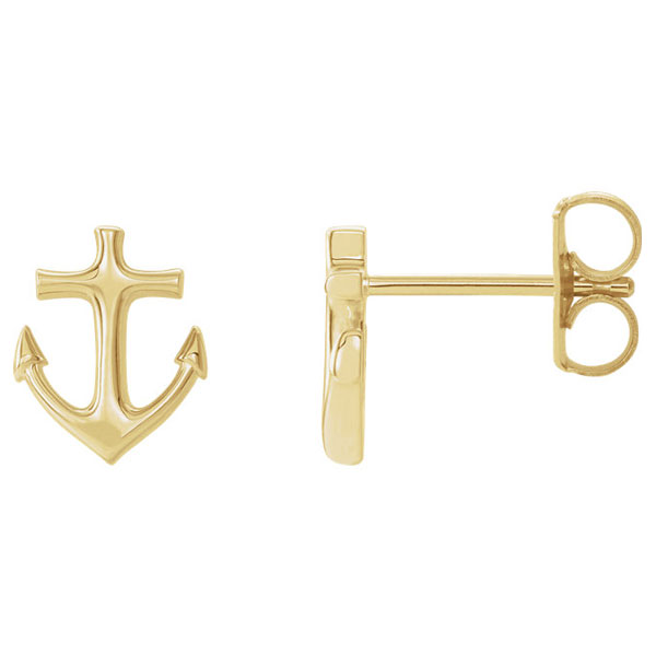 Anchor Stud Earrings, 14K Yellow Gold