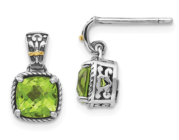 2.16 Carat Cushion-Cut Peridot Earrings in Silver with 14K Gold Accents