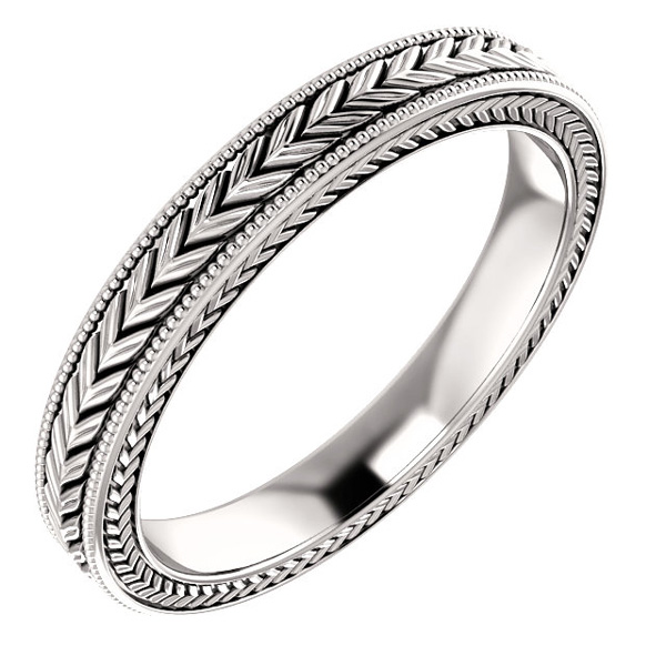 Etched Leaf Design Wedding Band Ring in 14K White Gold