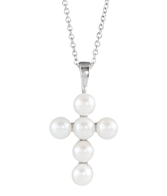 Freshwater Cultured Pearl Cross Necklace, 14K White Gold