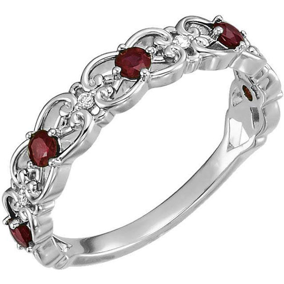 Vintage-Style Ruby Scroll Ring in 14K White Gold