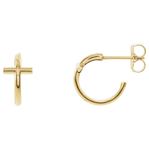 J-Hoop Cross Earrings, 14K Yellow Gold