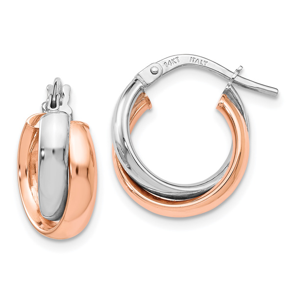 Small 14K Rose and White Gold Hinged Dual Hoop Earrings