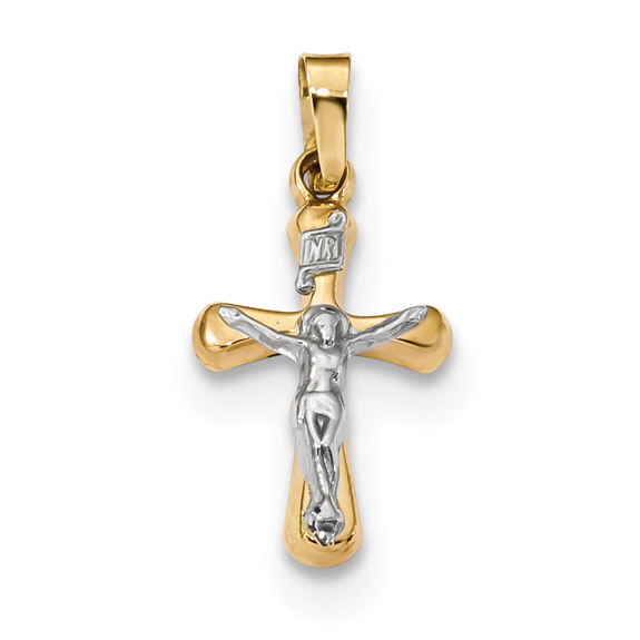Rounded INRI Crucifix Pendant, 14K Two-Tone Gold