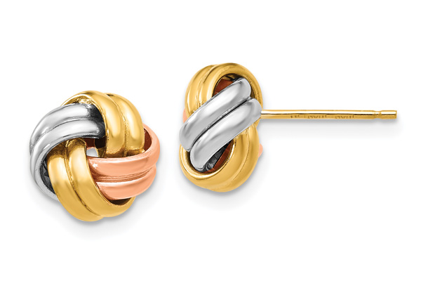 Tri-Color 14K Gold Love-Knot Earrings with Rose and White Rhodium