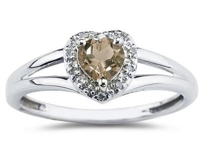 Heart Shaped Smokey Quartz and Diamond Ring, 10K White Gold