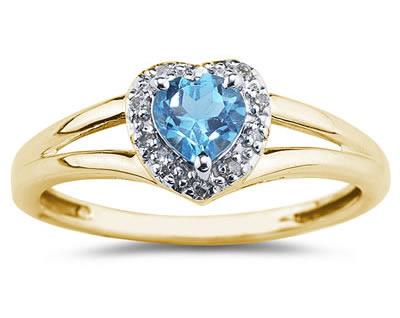 Heart Shaped Blue Topaz  and Diamond Ring, 10K Yellow Gold