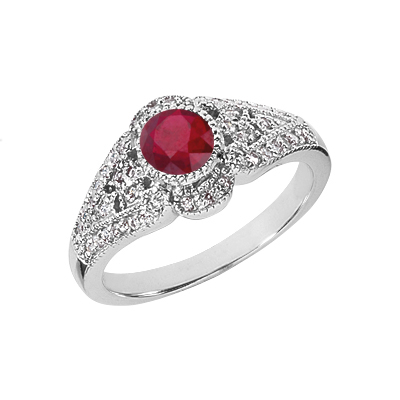 Art Deco Inspired Ruby and Diamond Ring, 14K White Gold